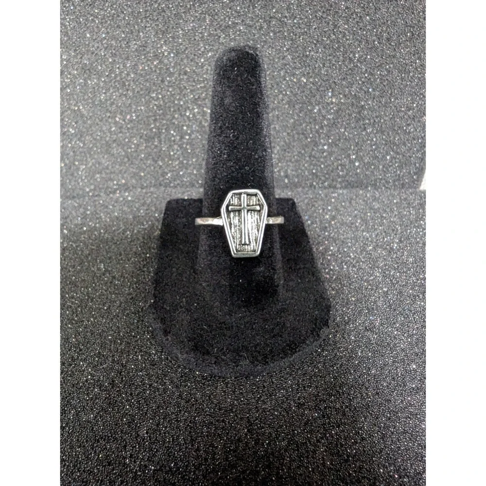Silver Toned‎ Coffin And Cross Ring - Size 7
